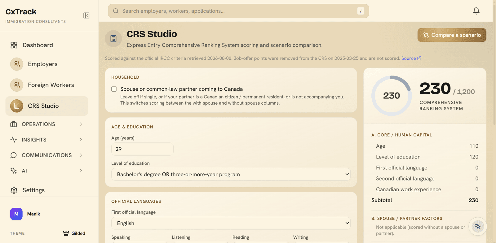CxTrack CRS Studio scoring form with household, age, education, and language fields beside a live panel showing a Comprehensive Ranking System score of 230 out of 1,200 and a core human capital point breakdown.
