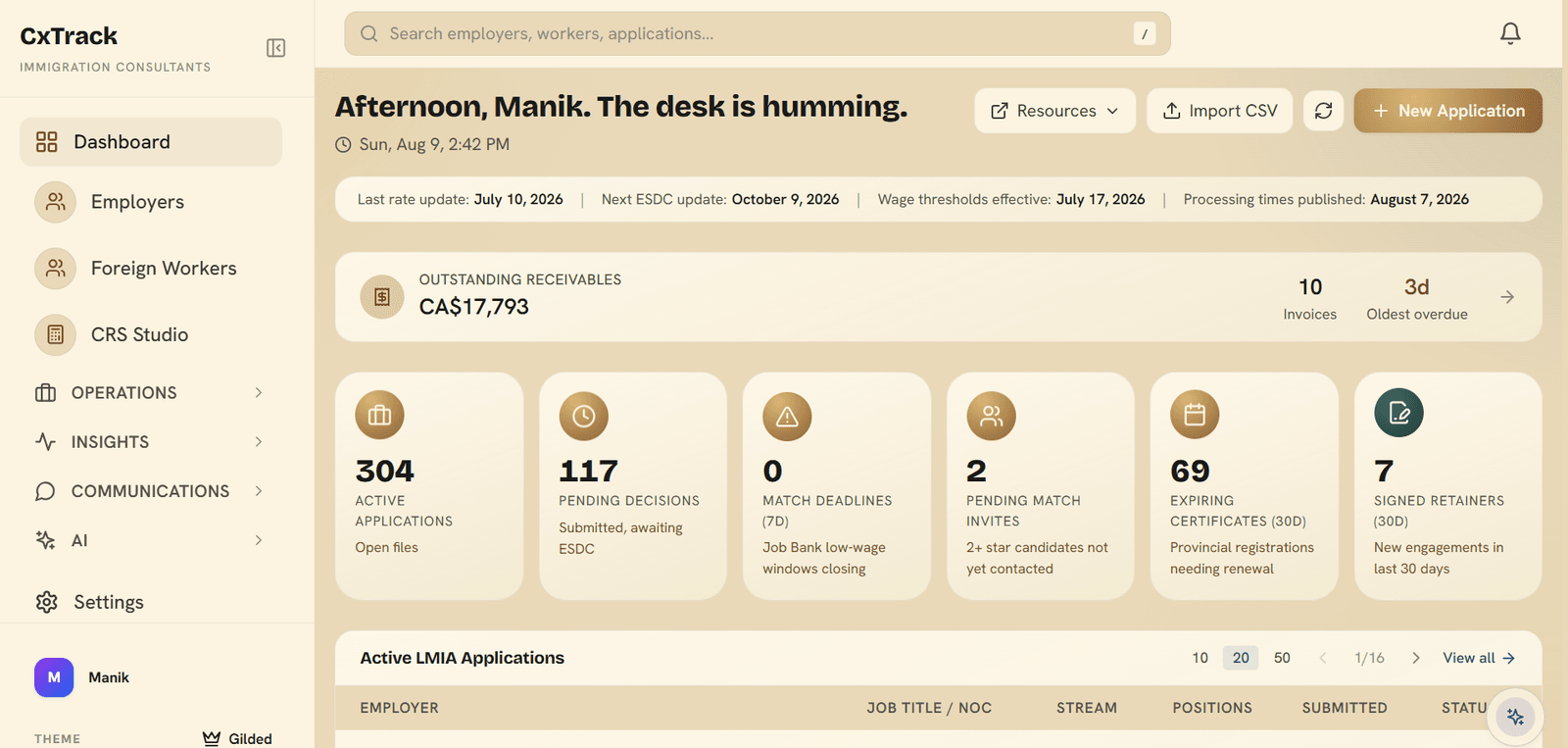 CxTrack immigration dashboard with a sidebar for Employers, Foreign Workers, and CRS Studio, and metric cards reading 304 active applications, 117 pending decisions, 69 certificates expiring within 30 days, and CA$17,793 in outstanding receivables, above an Active LMIA Applications table.