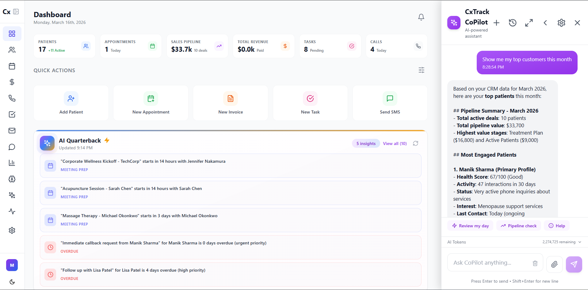 CxTrack smart CRM patient management interface