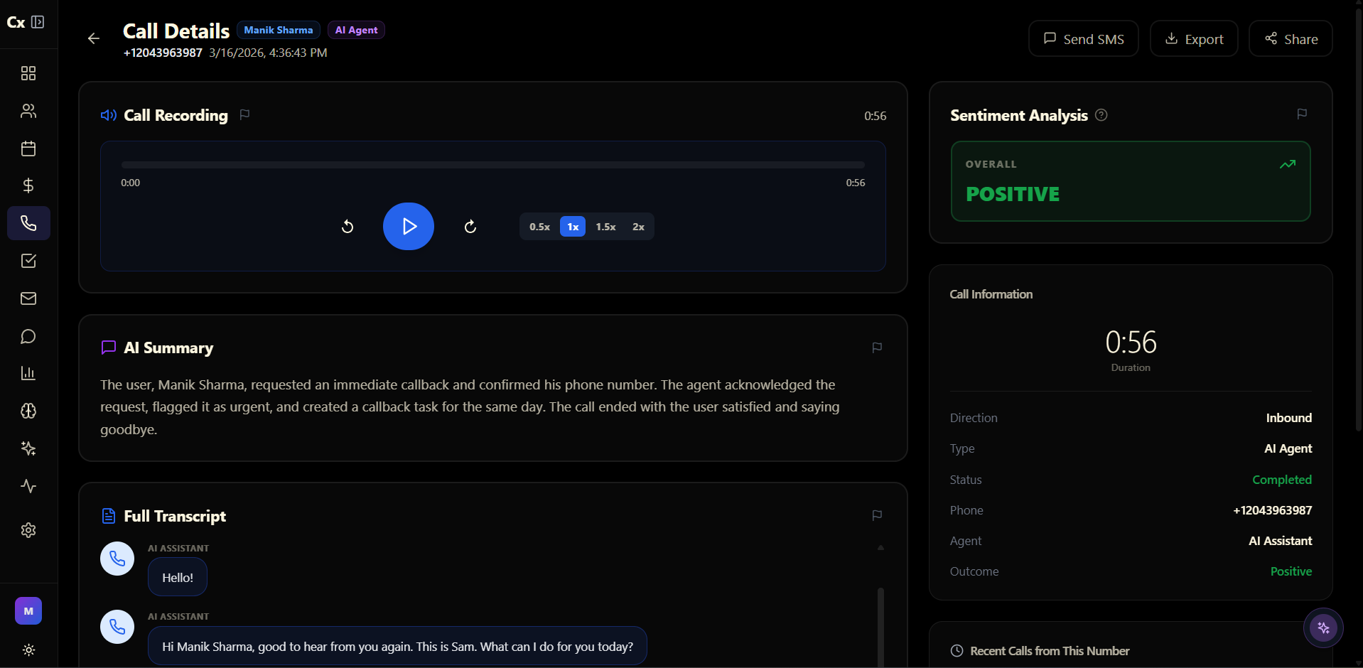 CxTrack AI voice agent call log with real-time analytics